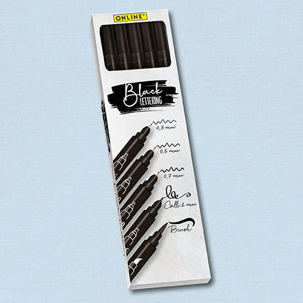 ONLINE ® Calli.Brush Black Lettering 5-er Set.: 0,3 mm Liner; 0,5 mm Liner; 0,7 mm Liner; 2 mm Calli.Brush; Brush Pen schwarz. Eignet sich besonders gut für Handlettering und Kalligrafie.